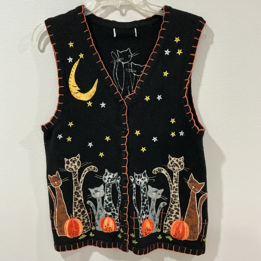 Vintage 90s Halloween White Stag Cat Sweater Vest M Grannycore Teacher Cottage